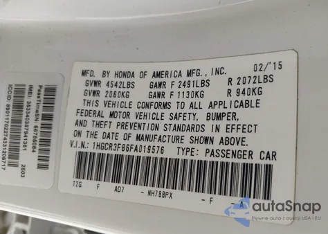 2015 Honda Accord Ex-L V-6 from USA, damaged, VIN 1HGCR3F86FA019576